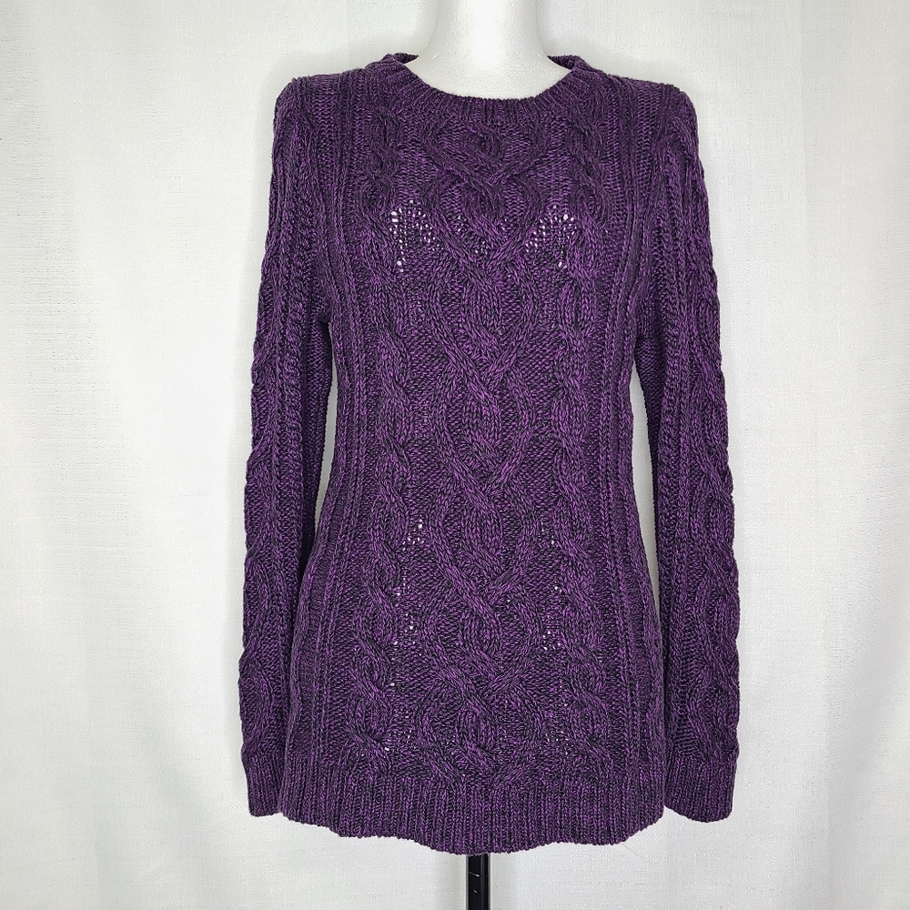 J Jill Cable Knit Pullover Sweater Size Medium Purple Thick